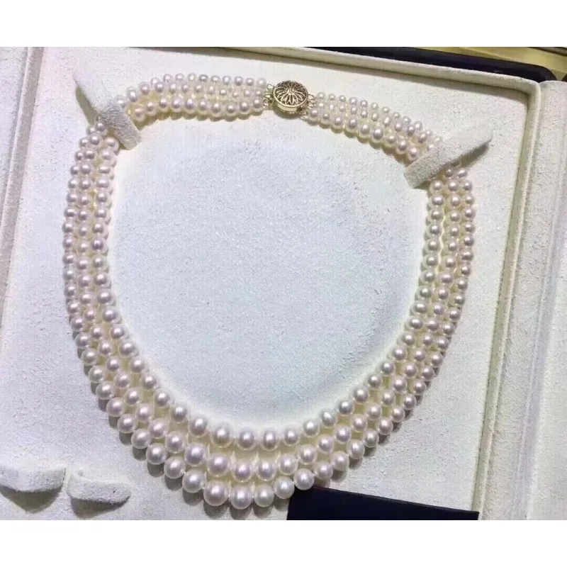 Three strands 7-9mm Nanhai White Pearl Necklace Fashion Light Luxury Women's Necklace 18 