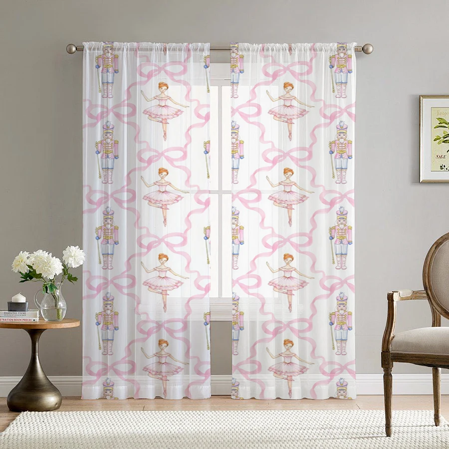 2PCS Christmas Winter Sheer Curtains, Ballerina Soldier, Digital Print, Bedroom Living Room, Rod Pocket Polyester, Home Decor
