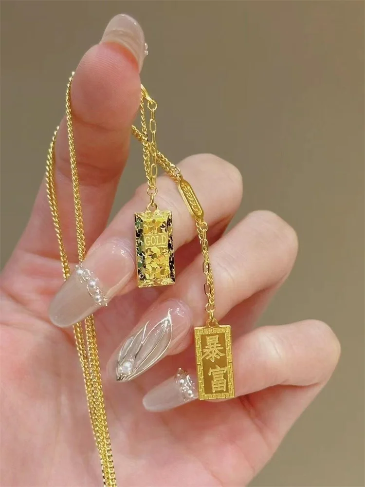 High quality fashion temperament AU999 collarbone chain, crushed ice, instant wealth 24K small gold brick women's necklace gift