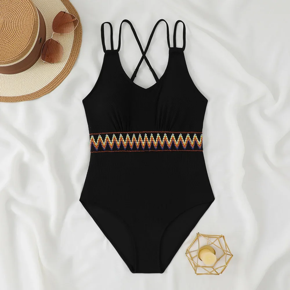 

Vintage Swimsuit Women Sexy Double Strap Black Knitted Patchwork Tummy Control One Piece Swimwear 2025 Holiday Bathing Suits