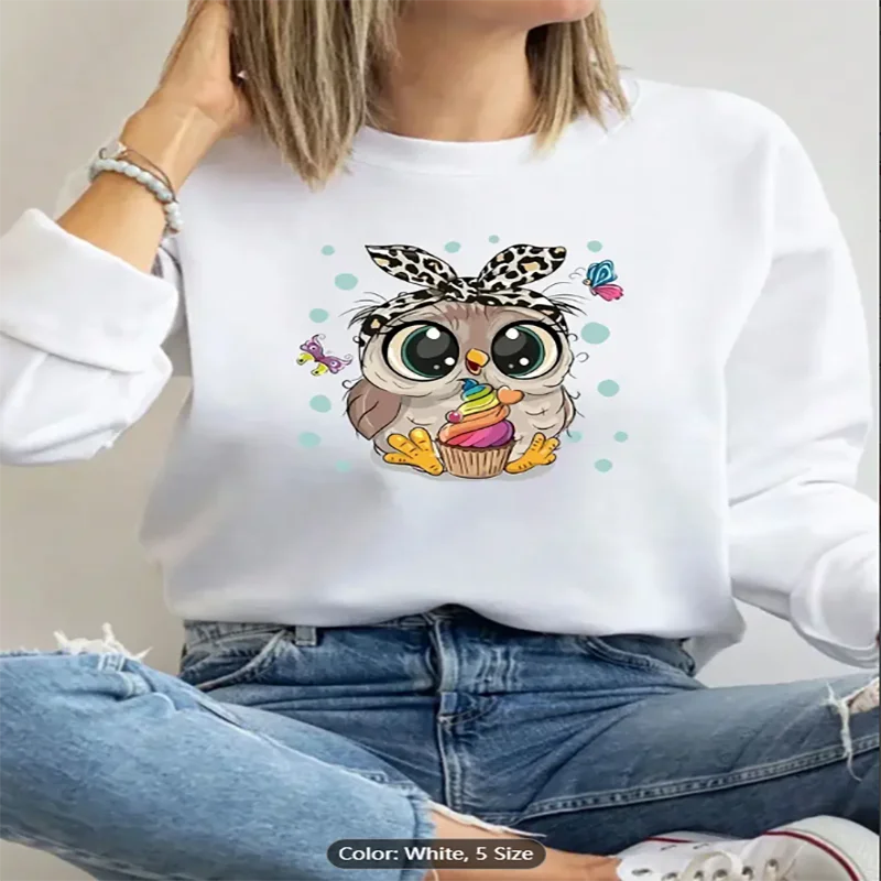 

Womens White Sweatshirt Owl Cupcake Graphic Print Casual Oversized Pullover Top for Animal Lovers Pure Cotton Machine Washable