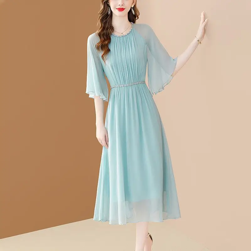 

Fashion O-Neck Solid Color Folds Sashes Flare Sleeve Party Dress Women Clothing 2024 Summer New Loose Office Lady Elegant Dress