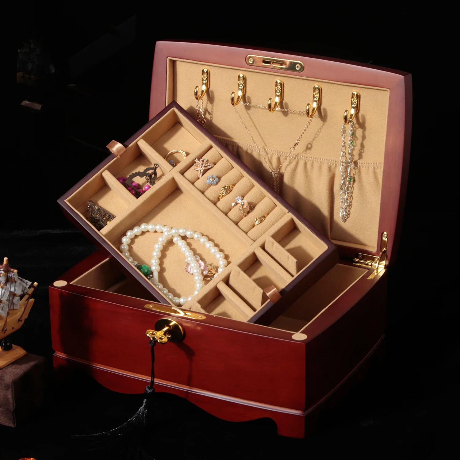 Lockable Wooden Jewelry Case 2-Tier Jewelry Storage Box for Rings Earrings Necklaces Holder for Gifts