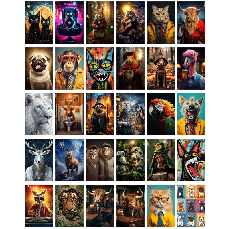 

30pcs Vintage Animal Art Poster Cards Set Cat Tiger Wall Collage Kit Prints Home Decoration Painting Bedroom Decor Mural Gifts
