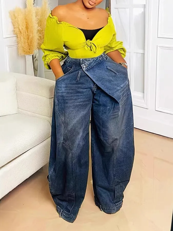 Washed Vintage Women's Jeans High Waist Asymmetric Cotton Loose Fit Non-Stretch High Quality Summer Collection