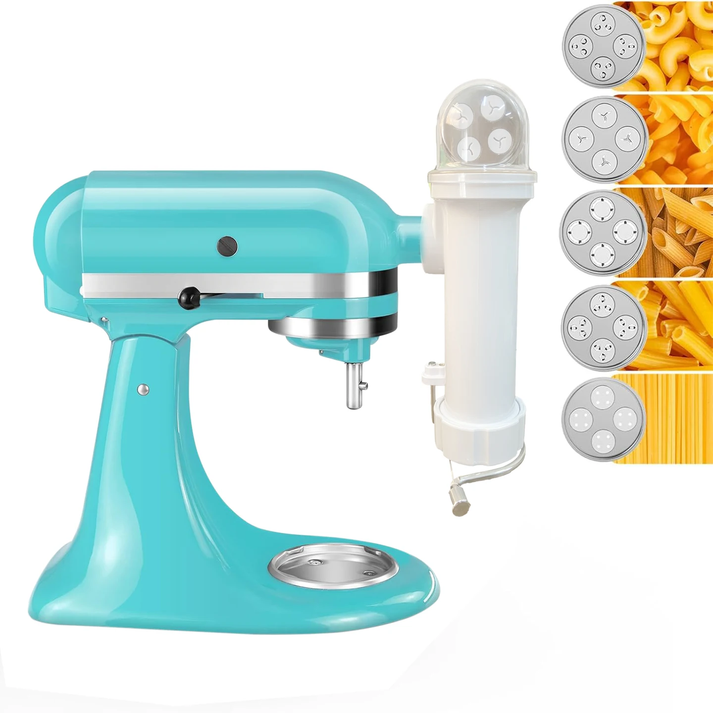 

Pasta maker for KitchenAid stand mixer, comes with five pasta dies for making various pasta shapes including spaghetti and macar