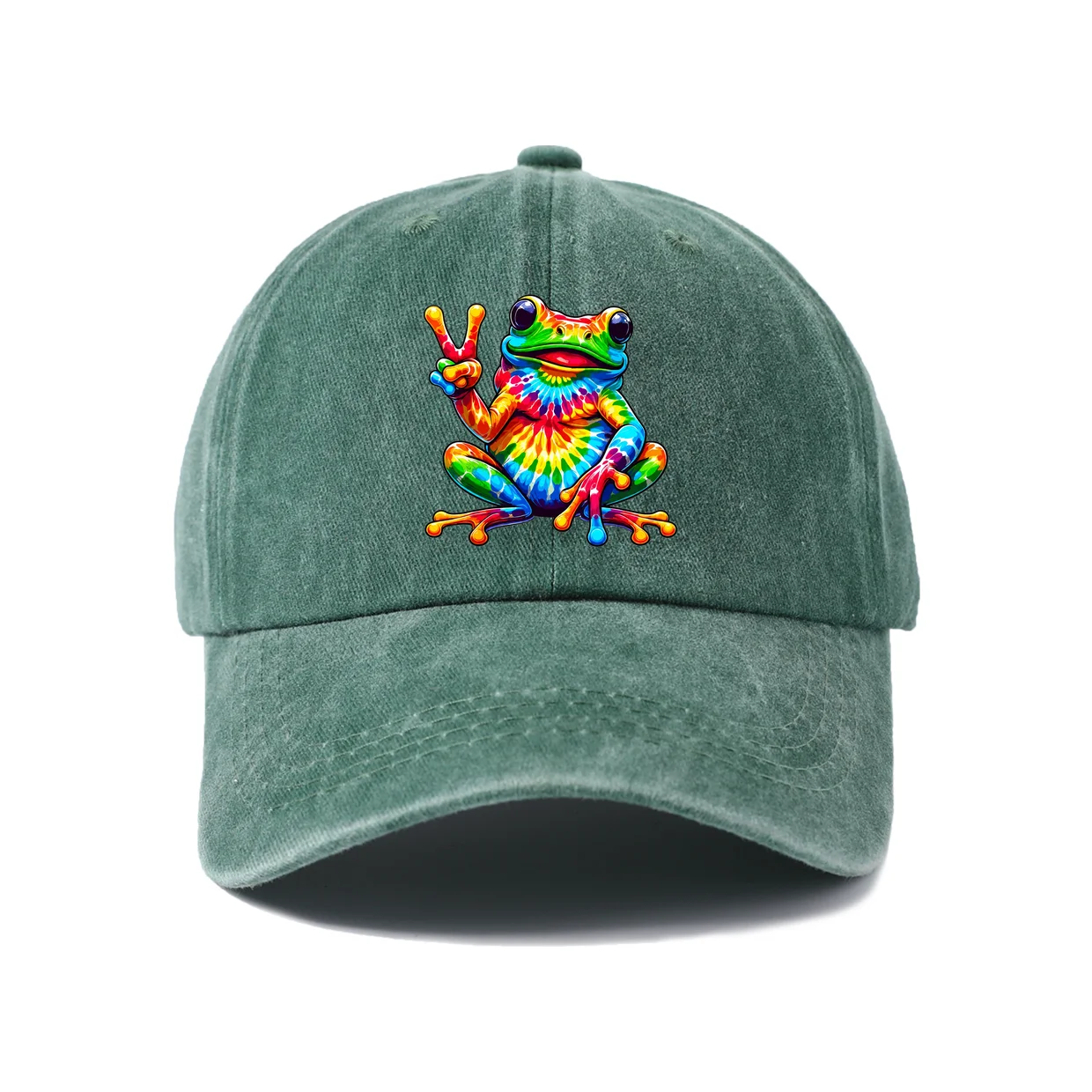 Vintage Washed Colorful Frog Peace Sign Graphic Baseball Cap, Adjustable Unisex Dad Hat, Streetwear Gift