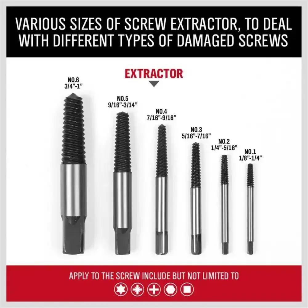 

6Pcs/set Damaged Screw Extractor Durable Easy Out Broken Screw Bolt Guide Remover Kit Drill Bit Broken Bolt Remover Tool Set