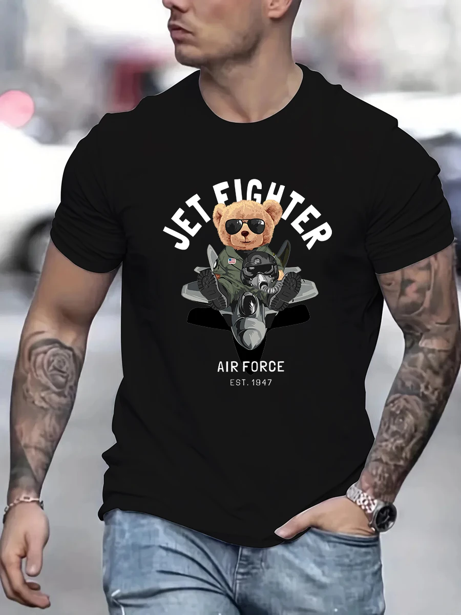 

High quality summer luxury bear flight aircraft printing cotton men's and women's fashion T-shirt high-end temperament