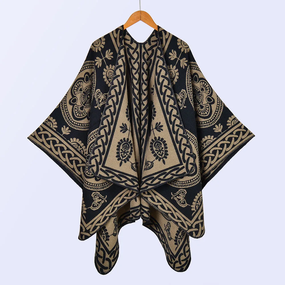 Elegant Vintage Jacquard Acrylic Cashmere Cape Wraps Women Autumn Winter Cloak Long Outerwear Casual Travel Poncho