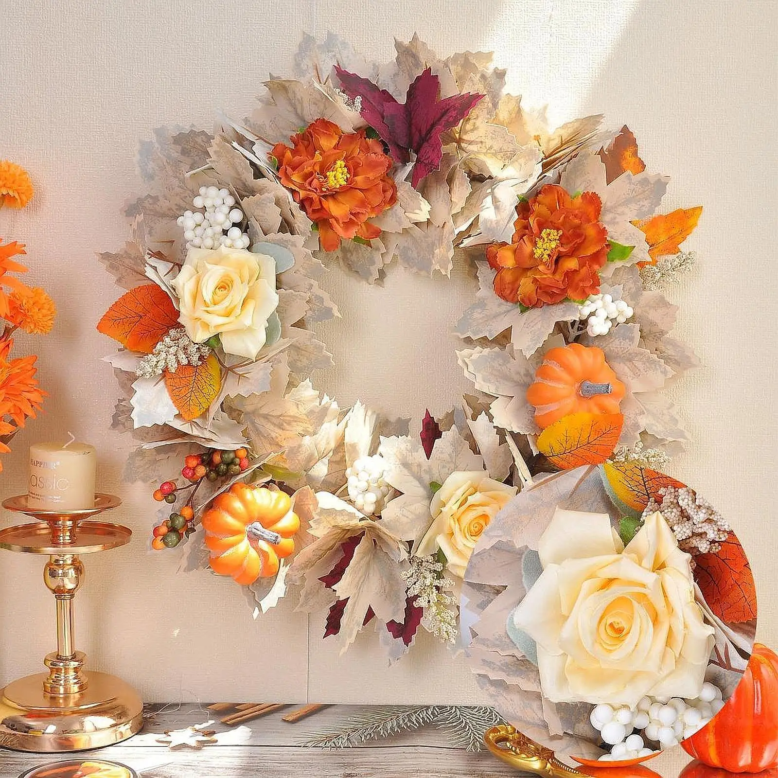 

45cm Thanksgiving Fall Wreath Welcome Sign Artificial Garland for Table Centerpieces Accessories Multifunctional Realistic