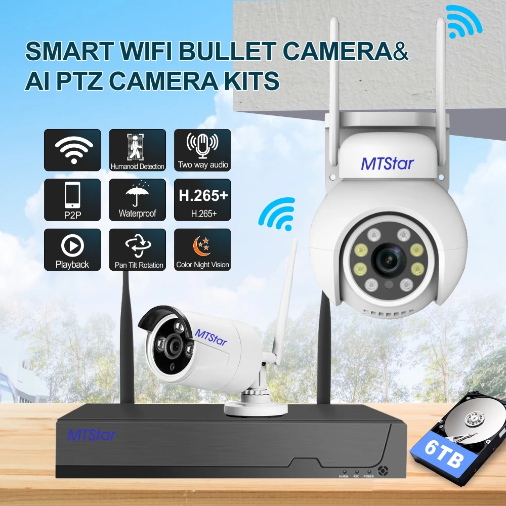 MTStar 8PCS Wireless WiFi Camera System Kit Humanoid Detection Two Way Audio Color Night Vision Surveillance Security NVR TSEye