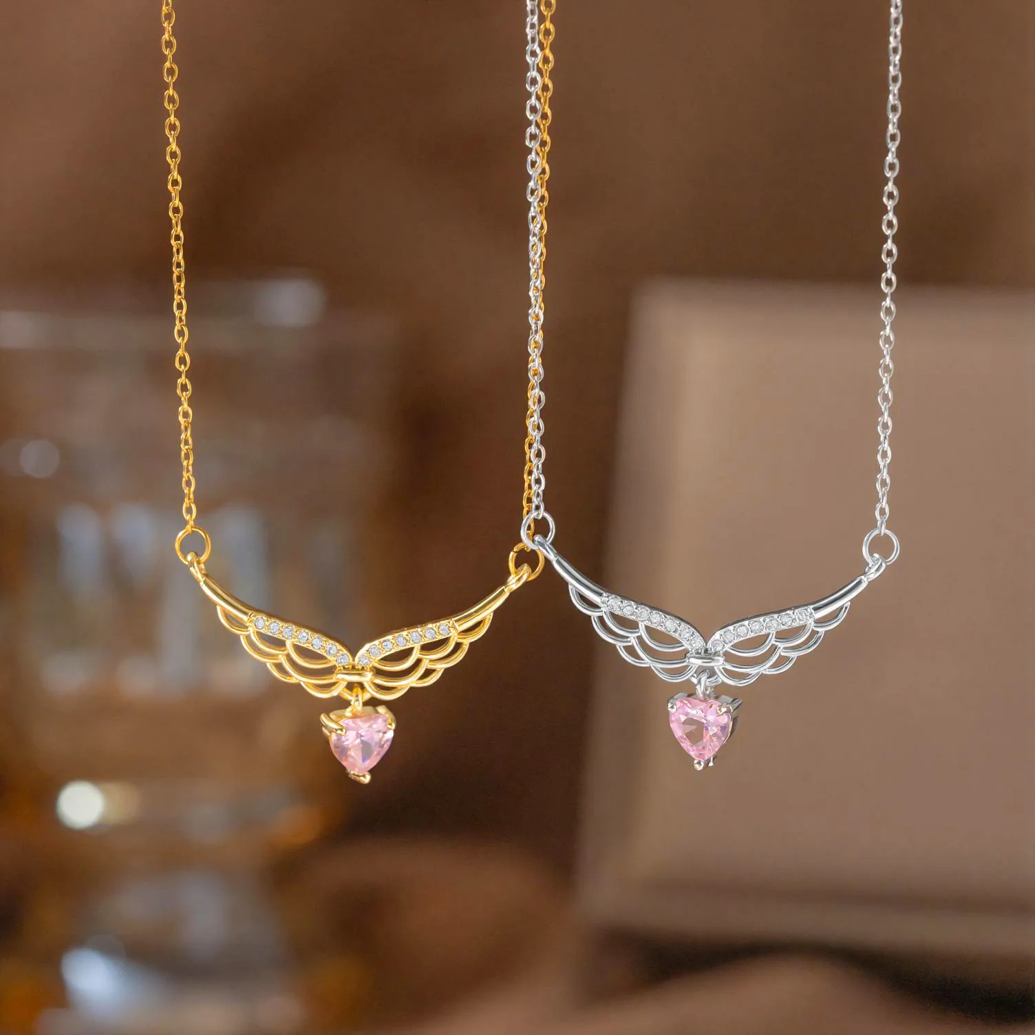 

Luxury Angel Wing Necklace Pink Diamond Heart Copper Pendant Niche Design Clavicle Chain High Grade Jewelry for Women