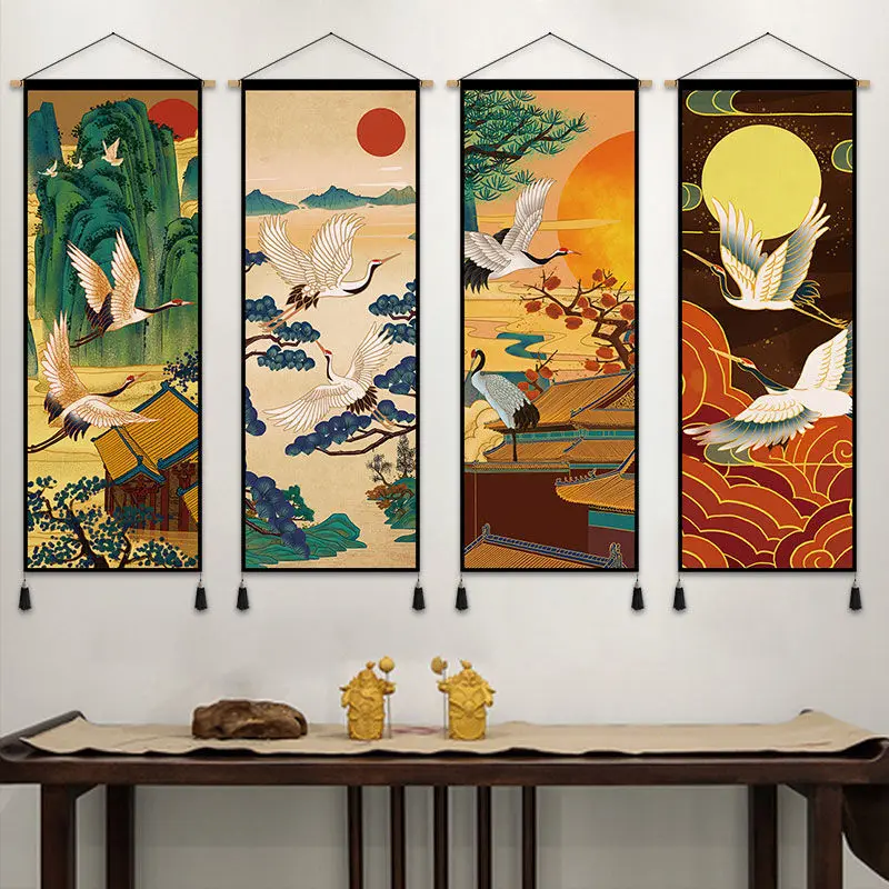 Japanese Living Tea Room Tapestry Background Cloth White Crane Attracting Wealth Entrance Entrance Art Wall Decoration Painting