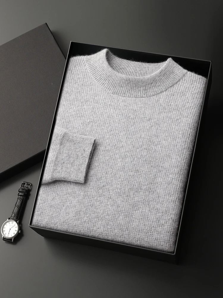 Men Autumn Winter 100% Cashmere Sweater Mock-neck Pullover Smart Casual Cashmere Knitwear Soft Warm Clothing High Quality Tops