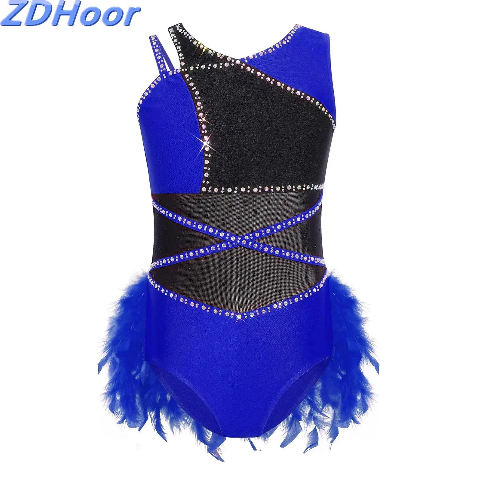 

Kids Girls Feather Ballet Leotard Asymmetrical Shoulder Sleeveless Press Button Crotch Mesh Patchwork Color Block Bodysuit