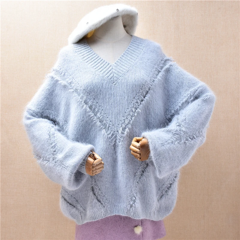 

Женская осенне-зимняя одежда Mujer, серый кашемировый вязаный свитер из норки с круглым вырезом и длинными рукавами-фонариками, вязаный крючком, с кисточками, свободный свитер, джемпер