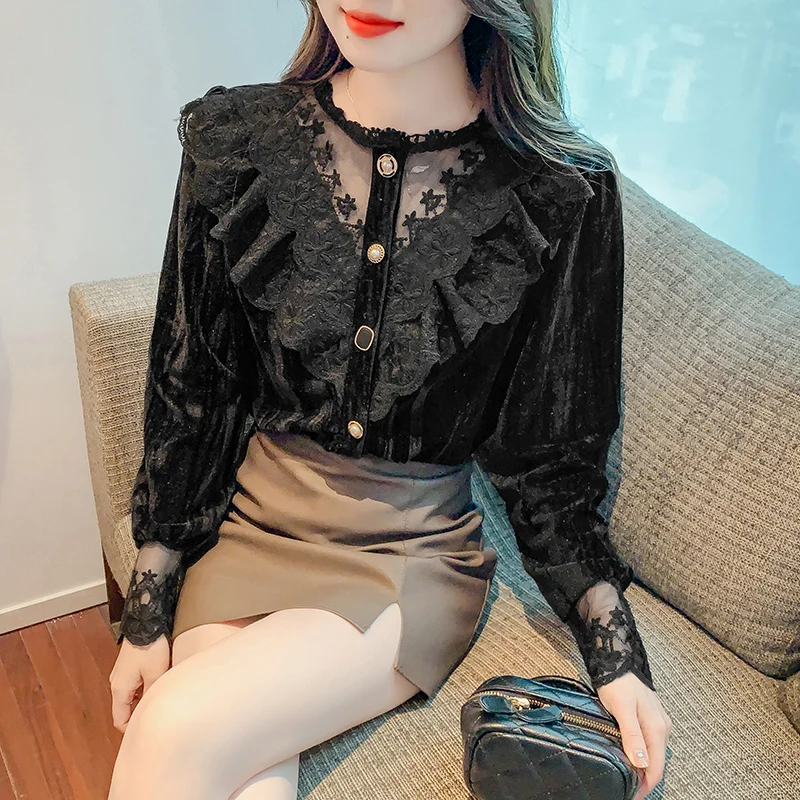 New Korean Fashion Ladies Lace Stitching Shirts Blouses Casual Women Tops Female Woman Button Up Shirt Girl Long Sleeve Blouse 2