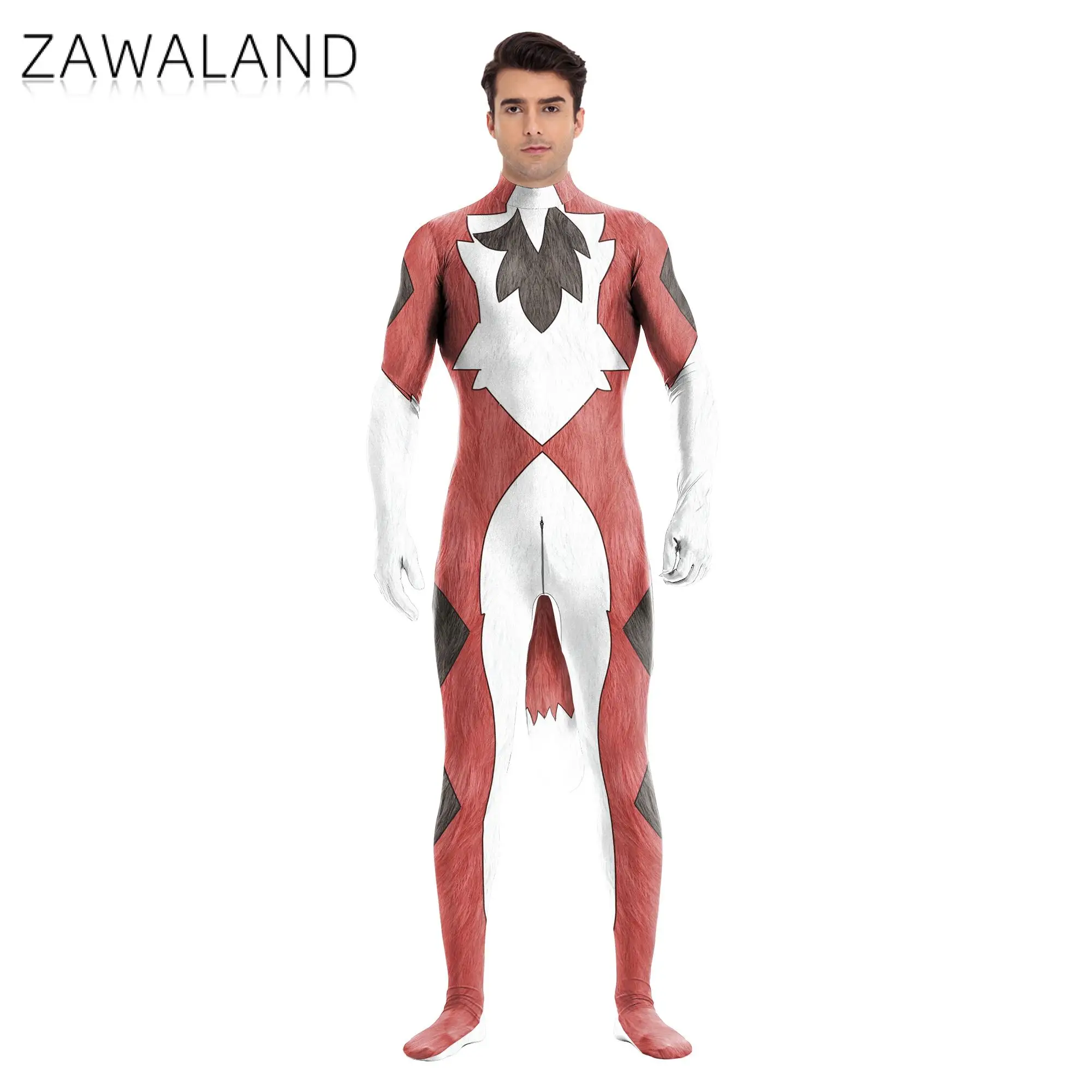 Zawaland Halloween 3D Fox tekstura drukowane zwierząt przebranie na karnawał body z ogonem stroje dla dorosłych kombinezony Catsuit Zentai garnitury