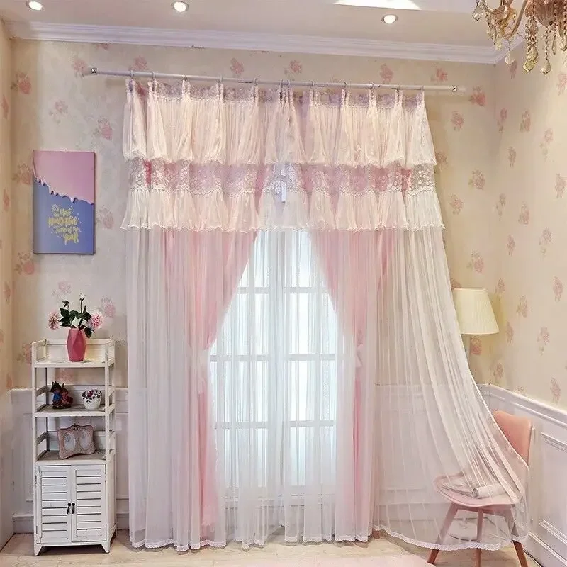 Korean New Curtains Without Punching for Installation Bedroom Lace Embroidery Princess Style Wedding Room Gauze Curtains