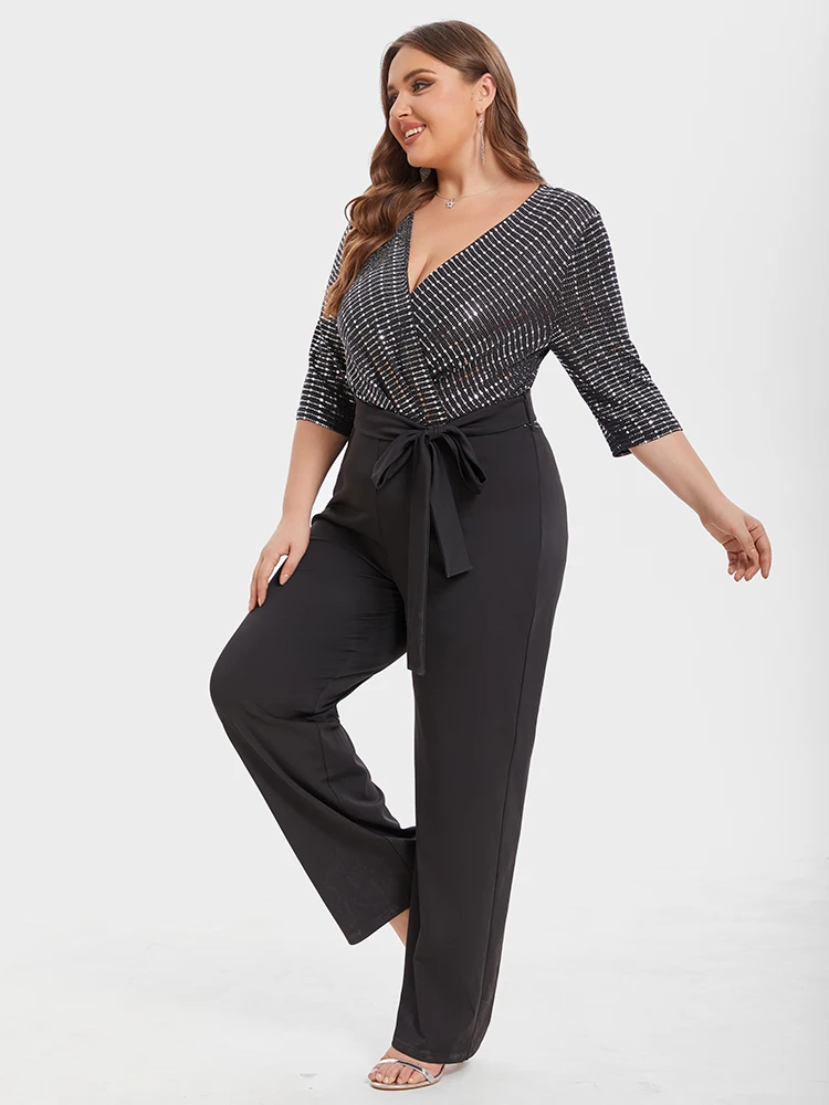 Plus Sized Clothing Chic Jumpsuit with Belt Women Patchwork Contrast V-Neck Long Sleeve Sequin Evening Host Jumpsui