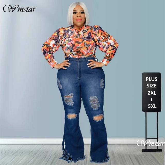 Wmstar Jean grande taille pour femme pantalon evase en denim poches solides taille haute a la mode vente en gros livraison directe 2022 AliExpress