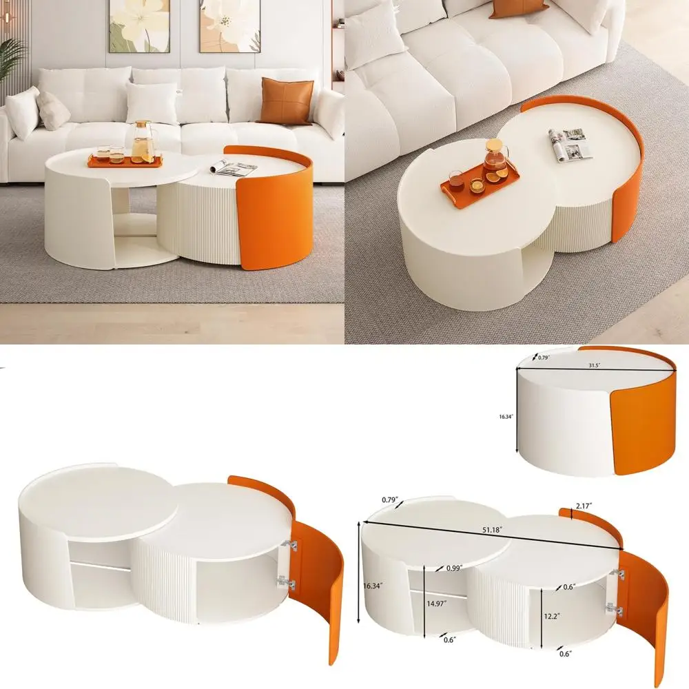 طاولة قهوة دائرية قابلة للتوسيع مع مساحة تخزين، طاولة مركزية معاصرة لمساحات المعيشة #1