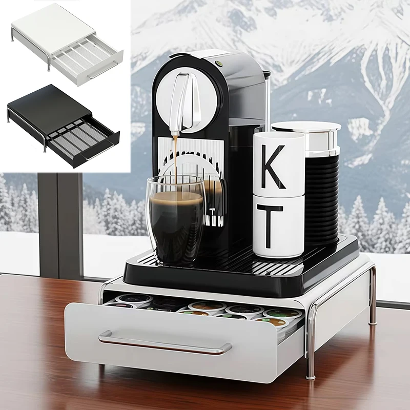 

Multi-Function Coffee Machine Base Drawer Storage Shelves Capsule Pod Display Rack with Compartment for Kitchen Countertop Shelf