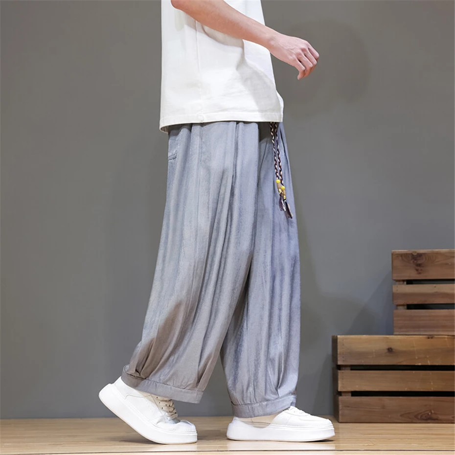 Large Size Harem Pant Mens Summer Thin Vintage Casual Trousers Men Harajuku Chinese Style Baggy Ankle Length Pants Male