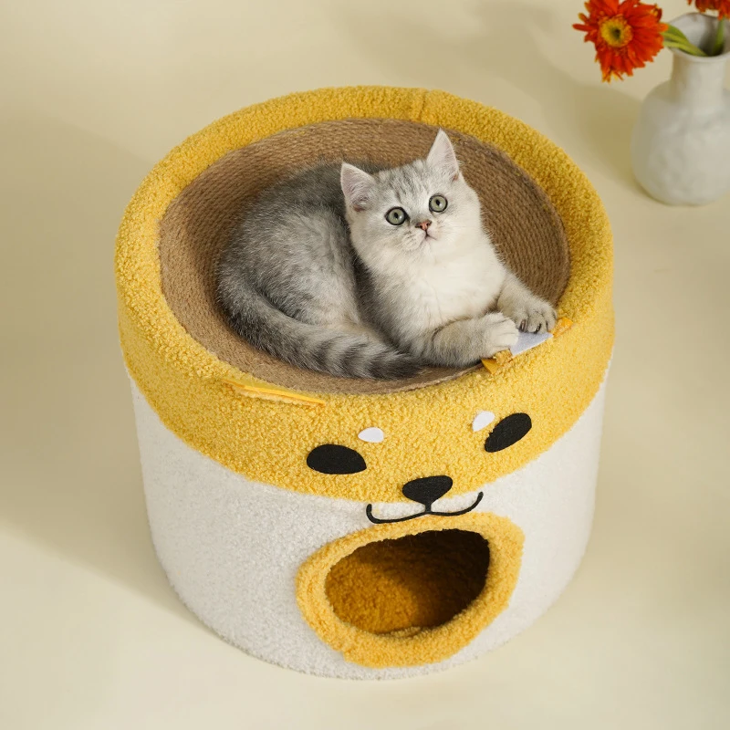 

Cat climbing frame with hemp mat, bucket, cat bed, and cat tree all-in-one, space-saving, double-layer cat scratching board
