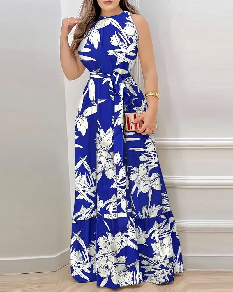 

Dresses for Women 2024 Spring Fashion Leaf Print Sleeveless Casual O-Neck Maxi Daily Vacation Dress with Belt