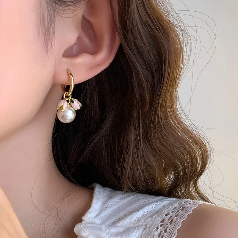 Tulip Pearl Convertible Earring Rose Gold Tone Alloy Lightweight Stylish Elegant Versatile Premium Jewelry for Women