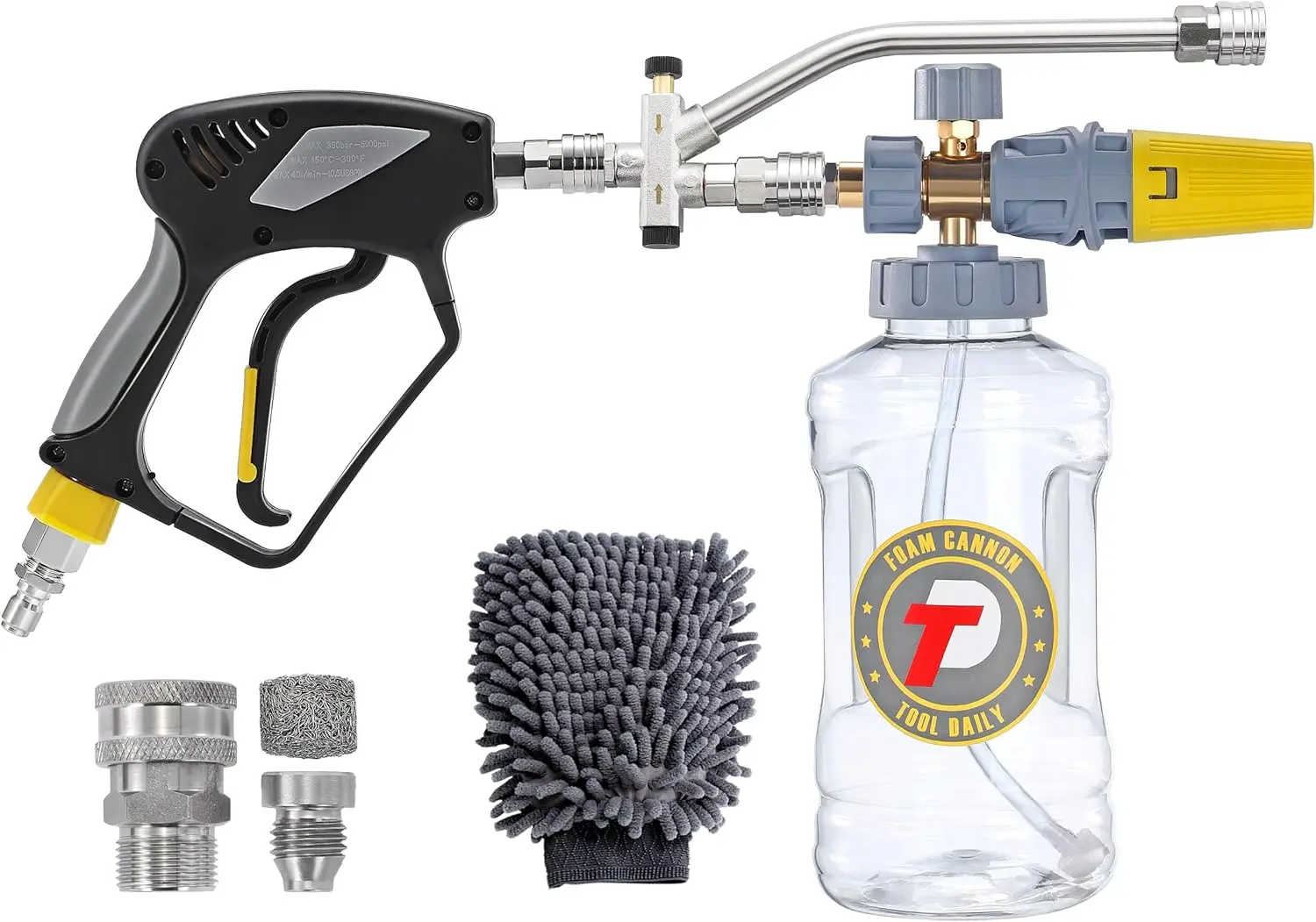 

Dual-Connector Foam Cannon with Pressure Washer Gun, 1.5L Adjustable Soap Sprayer, 3/8'' & M22-14 Fittings for Car Cleaning