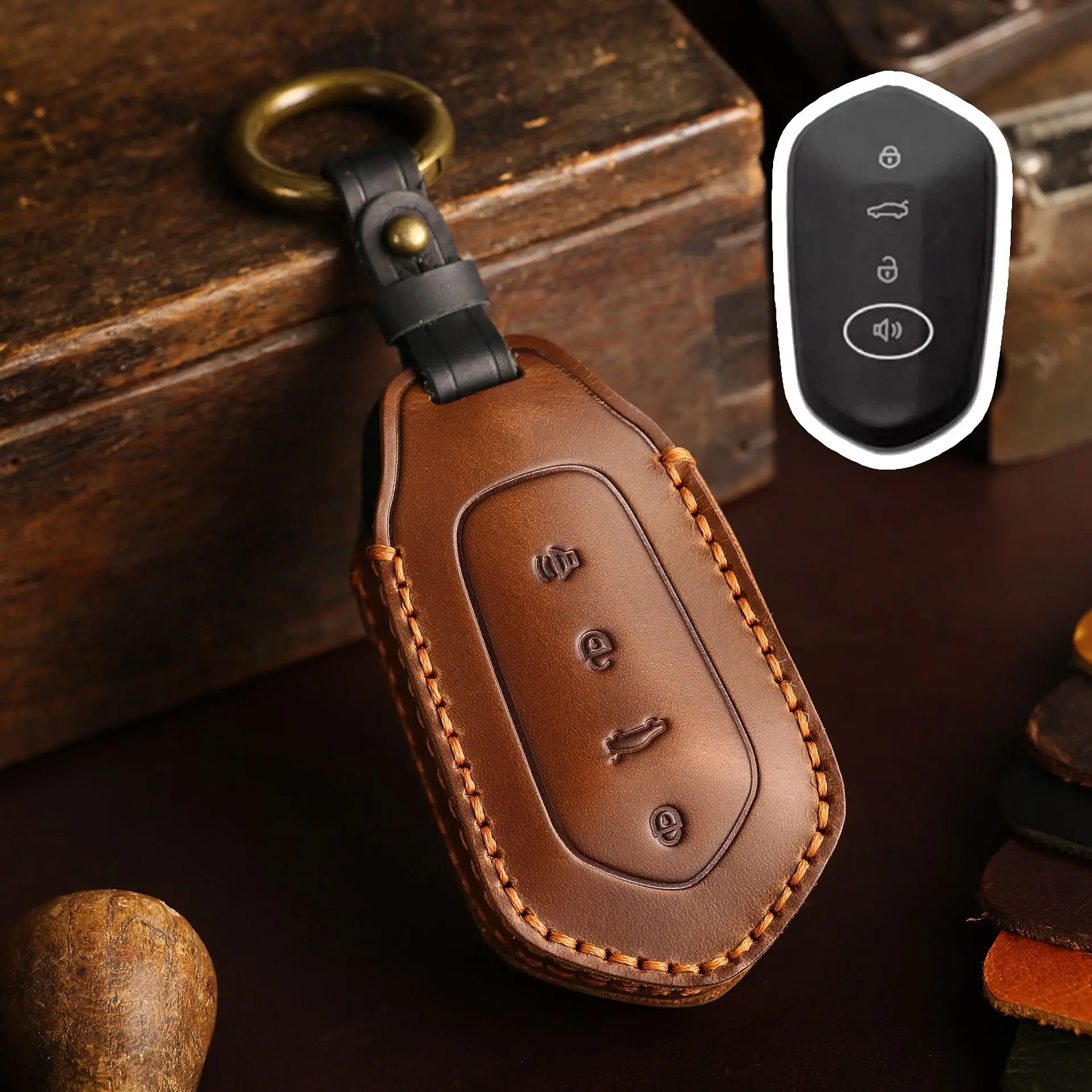 

Genuine Leather Car Key Cover for Geely Livan 7 2023 Gily Keychain Holder Fob Shell Keyring 4 Button