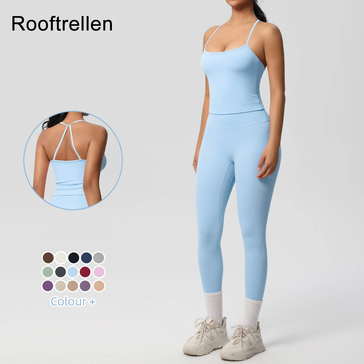 

Женский однотонный летний комплект для занятий спортом и йогой, женский спортивный топ для фитнеса и йоги, быстросохнущий топ с бретельками на шее, комплект брюк для бега с эффектом пуш-ап