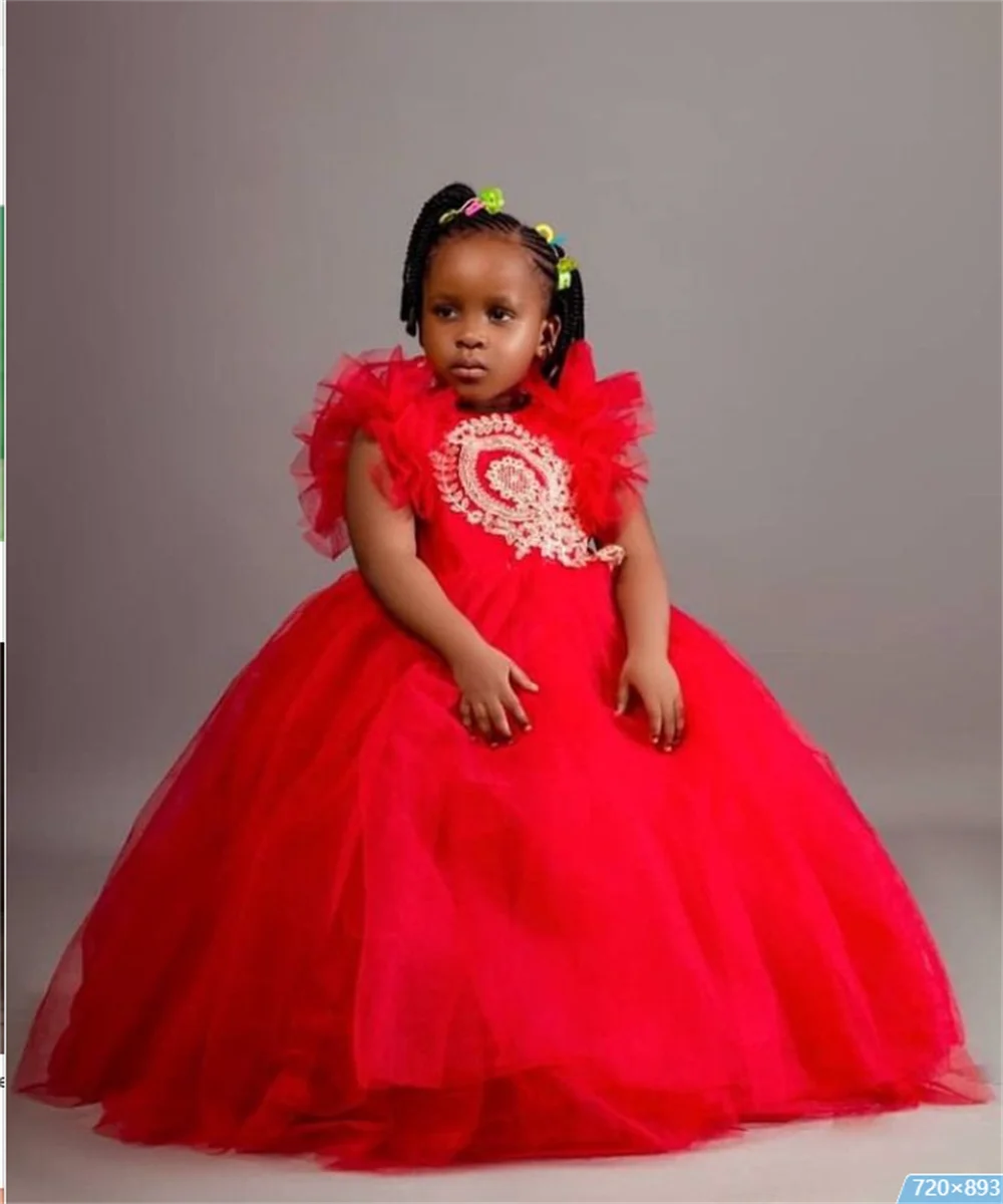 Luxury Cute Red Flower Girl Dress White decal Wedding Party Puffy Princess Dance Party Wedding  Birthday Dress