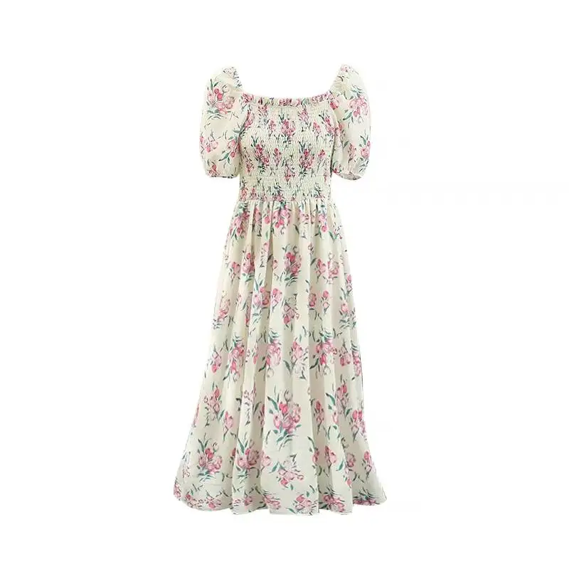 

Extra Large Size Floral Print One-oulder Pleated Women's Dr Trendy Street Sle Princ Sve Chiffon Summer Dr