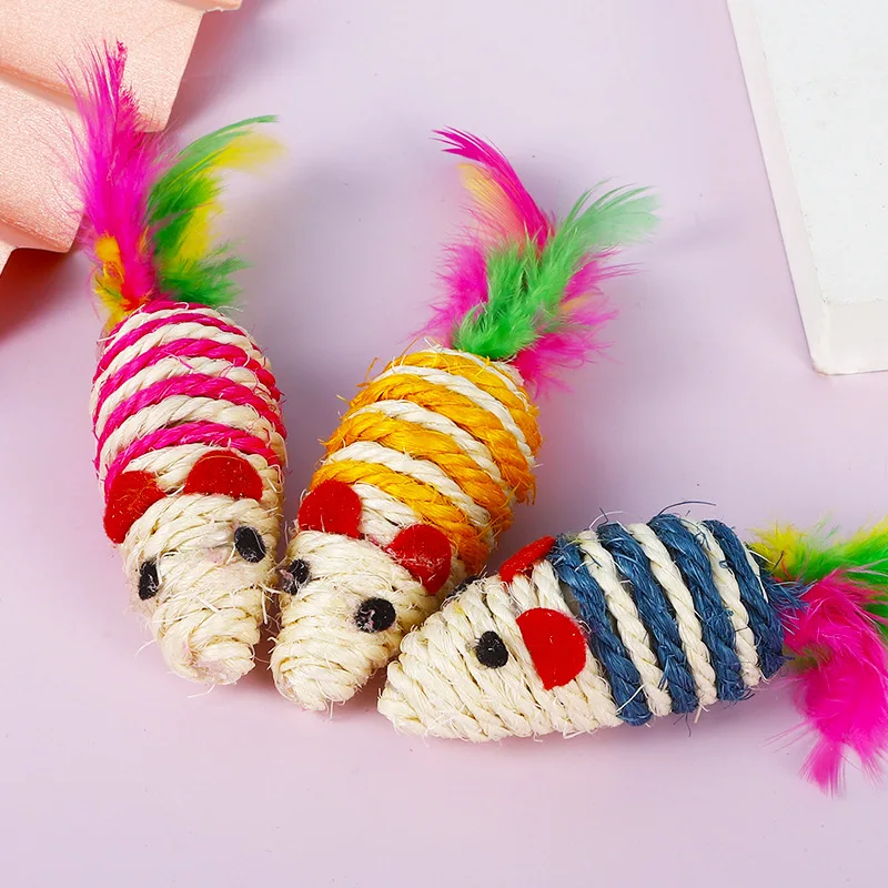 

Factory direct sales of colorful feather sisal mouse cat toys, sisal striped mouse cat grinding interactive toys