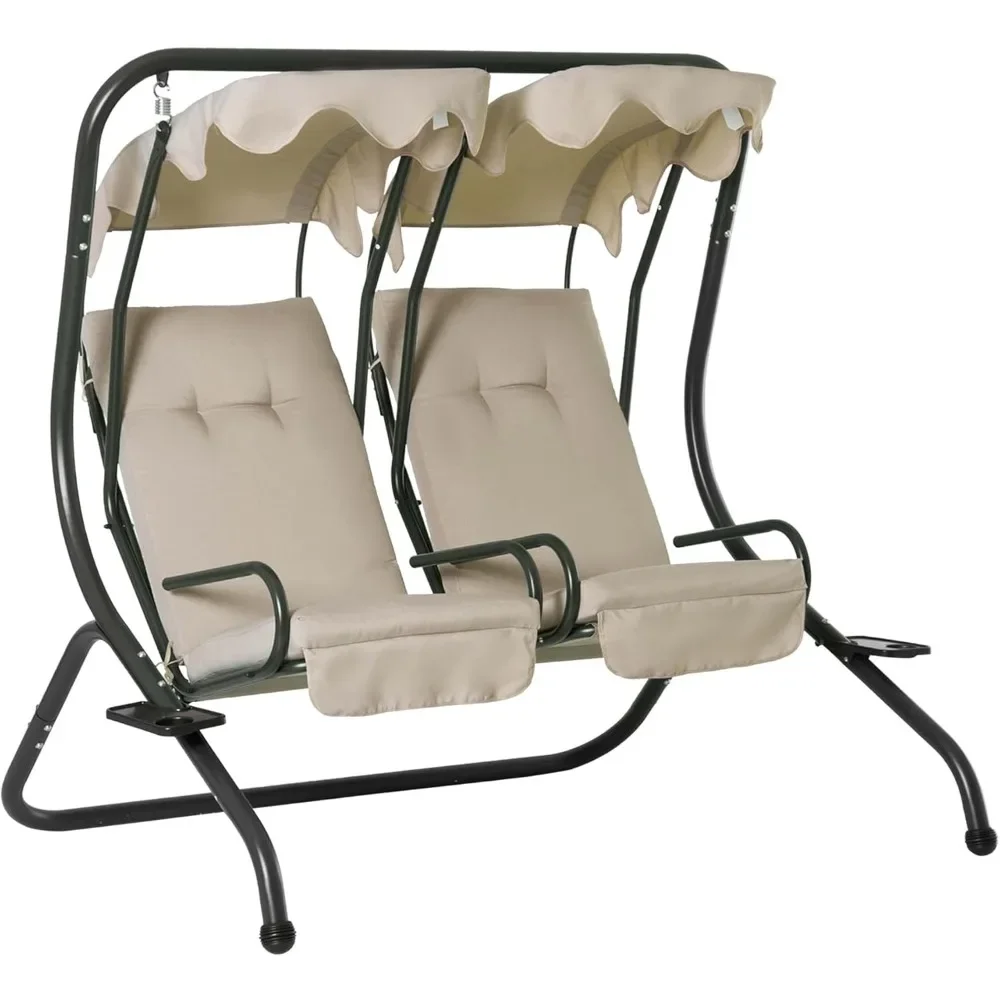 Patio Swing Chair with 2 Separate Seats, Outdoor Swing Glider with Removable Canopy and Cup Holders, for Porch, Garden, Poolside