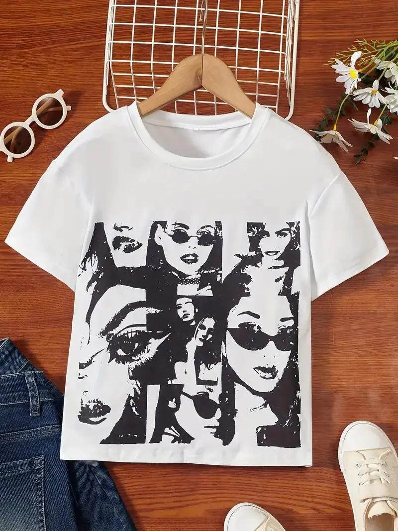 Girls T-Shirts Vintage Portrait Graphic Casual Tees Comfort Fit Crew Neck Top Kids Summer Clothes