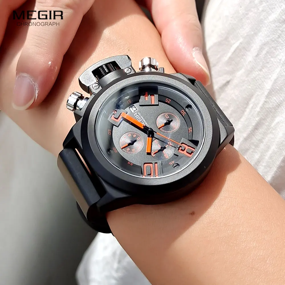 Megir Fashion Mens Silicone Band Sport Quartz Wrist Watches Analog Display Chronograph Black Watch for Man with Calendar 2002