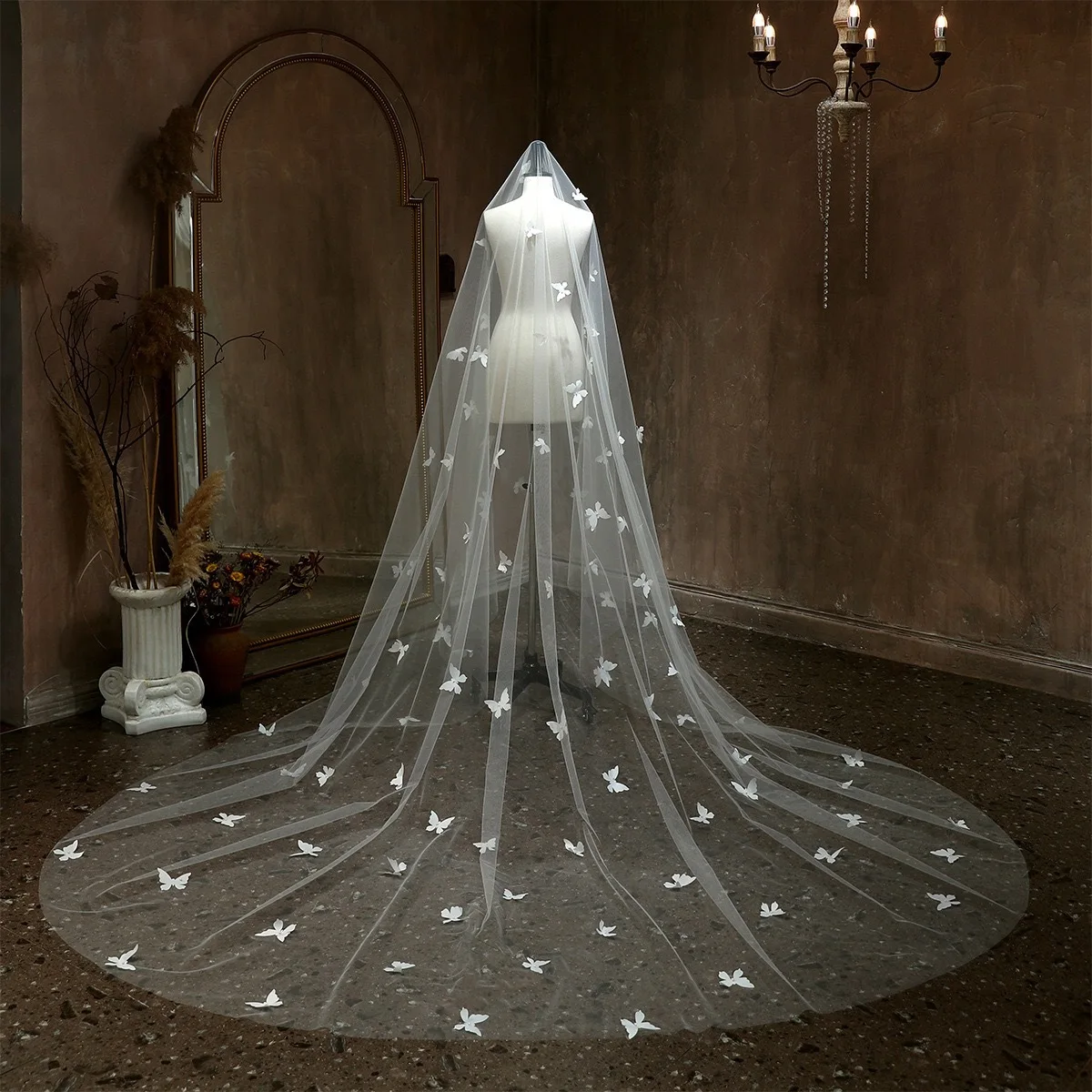 Bride white butterfly veil main wedding dress forest series heavy luxury super long trailing veil