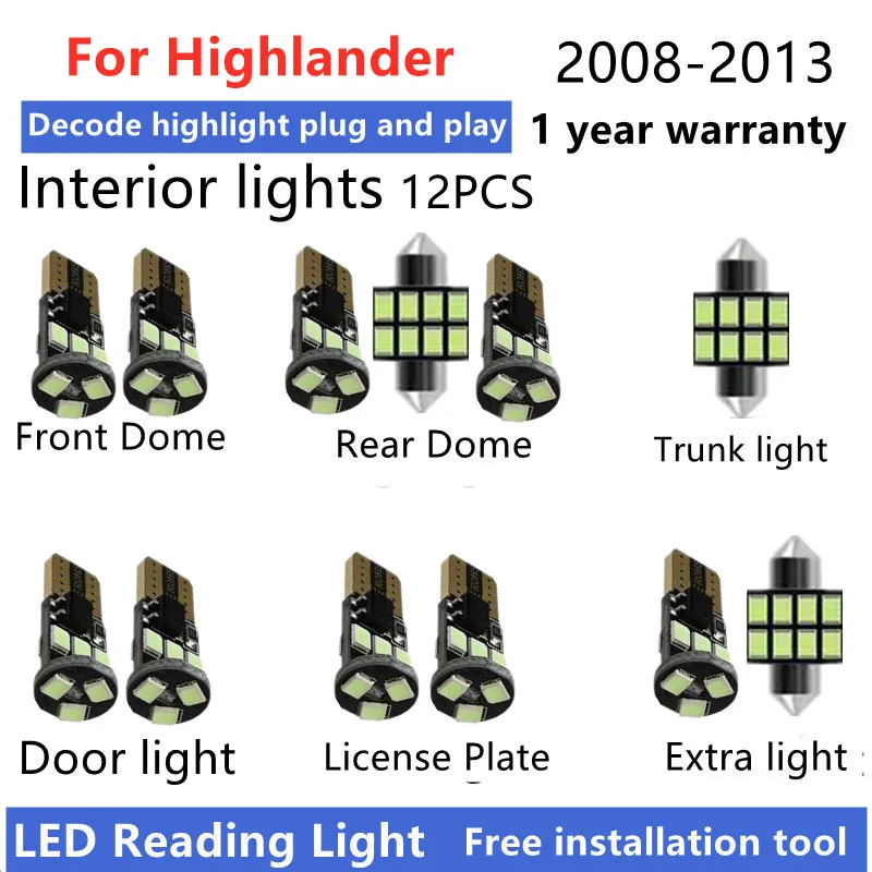 For Toyota Highlander 2008 09 10 11 12 2013 LED Interior Light Bulb Kit Canbus Car Reading Dome Trunk Vehicle Indoor Lamp XU40