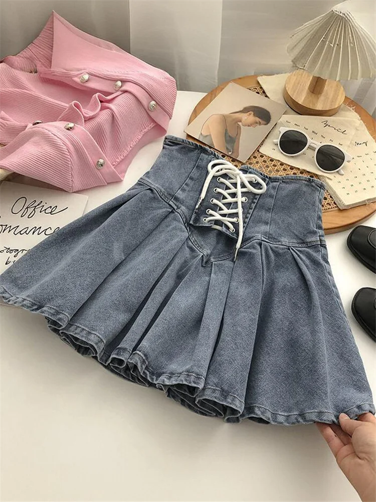2026 New Style Hot Girl Elastic Denim Pleated Short Skirt Women's Korean Crossed Tied Fashion Versatile Half-length Skirt