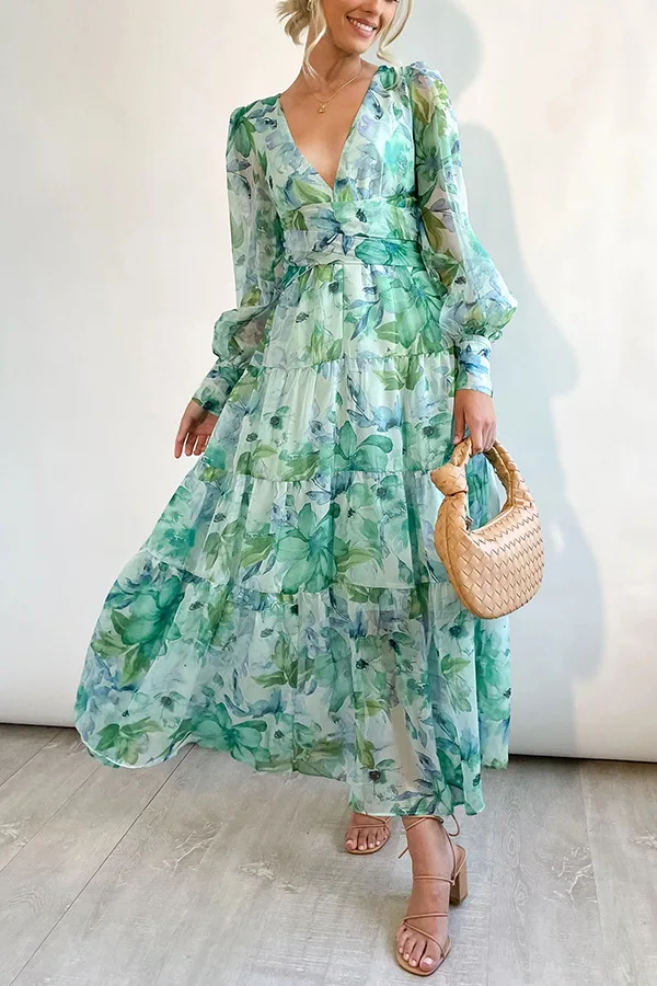 Bohemia Fashion Long Sleeves Deep V-neck Floral Print Chiffon Long Casual Maxi Dress For Women
