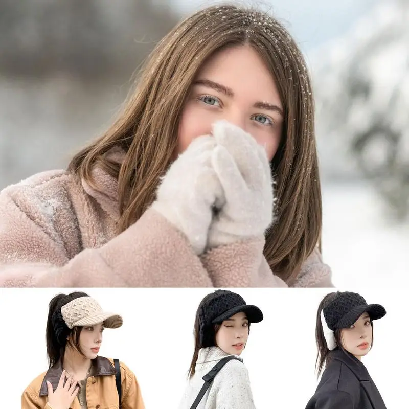 Ponytail Winter Hats For Women Open Top Visor Brim Crochet Hats Daily Beanies Golf Tennis Hats Warm Winter Hat For Women Girls