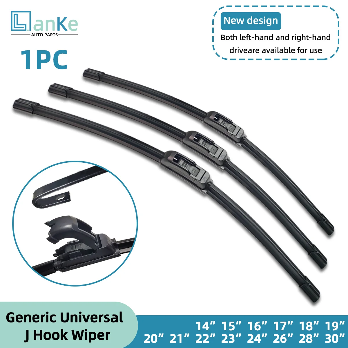 Lanke 1PC Limpador de Para-brisa Sem Armação para Carro, Compatível com Gancho J/U, Limpador Frontal Universal de Borracha de 14" a 32", Acessórios Automotivos