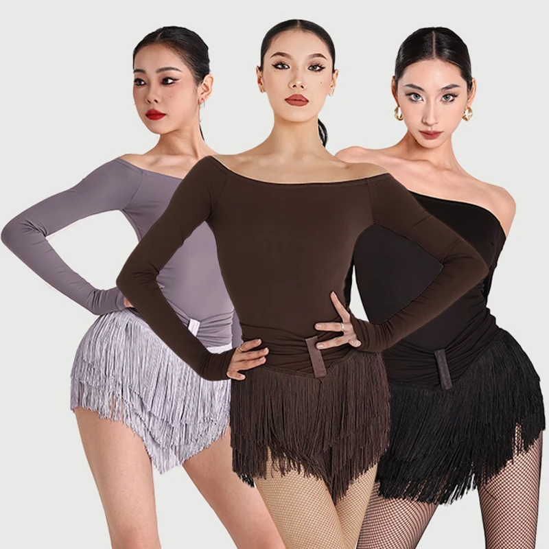 

Новые топы для латинских танцев, женские трико с длинными рукавами и открытыми плечами для взрослых, румба-ча-ча, танцевальная тренировочная одежда, тренировочная одежда BL14714