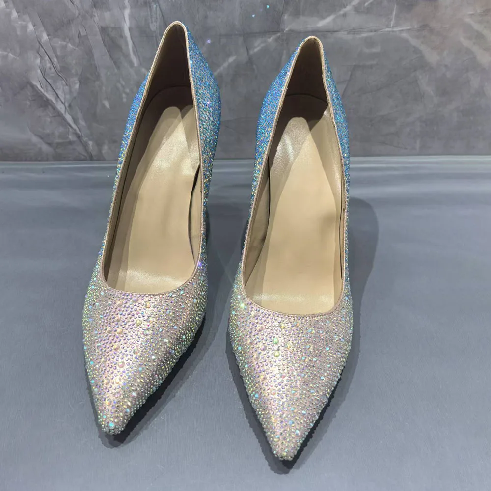 Colorful Gradient Rhinestone High Heels Shiny Luxury Crystal Shoes Pointed Stiletto Slip-On Sexy Pumps Large Size Wedding Shoes