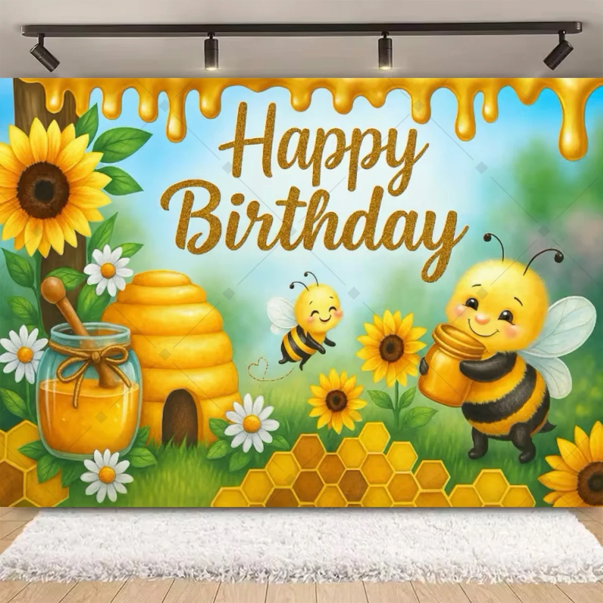 Süße Bienen-Honig-Party-Dekoration: Hintergrund aus Holz mit Bienen-Motiv für Baby-Taufe, Neugeborenen-Geschlechtsenthüllung, Geburtstagsfeier, Studio-Requisiten, Banner – Detail 10